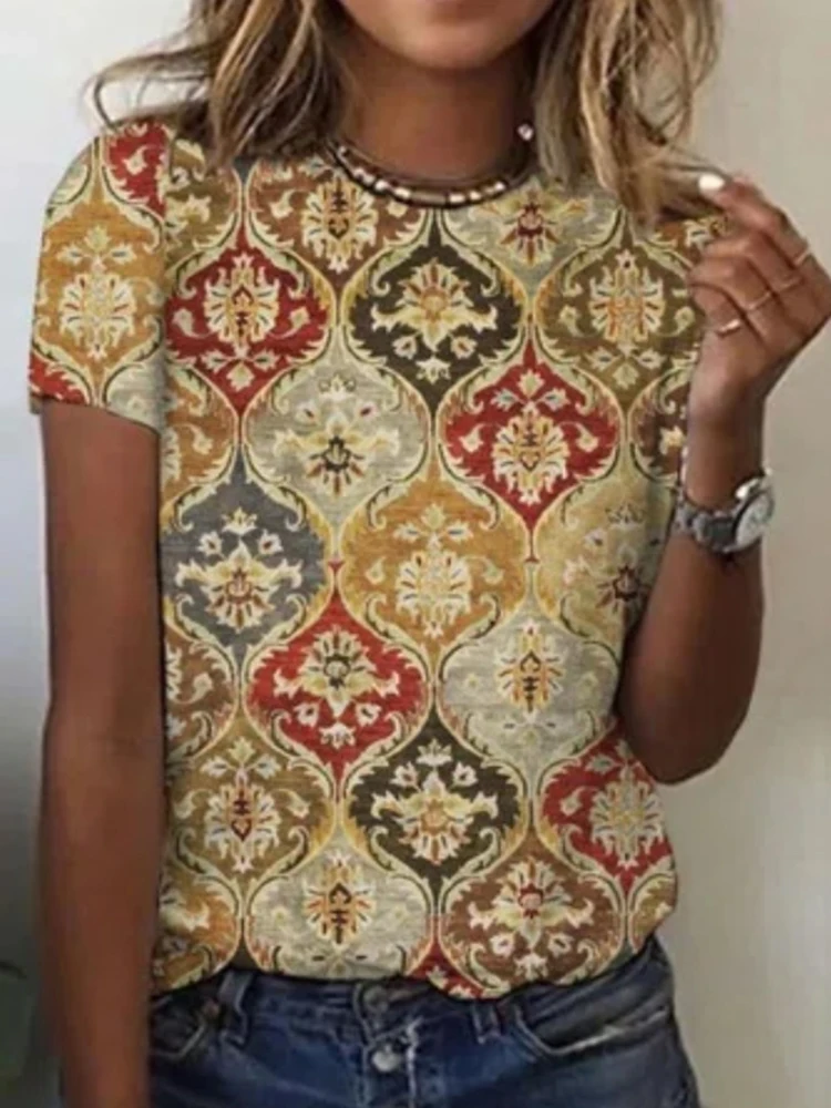 

Vintage Pattern Print Women Tops and Blouses Spring Casual O Neck Slim Office Ladies Shirt Summer Short Sleeve Streetwear Blusas