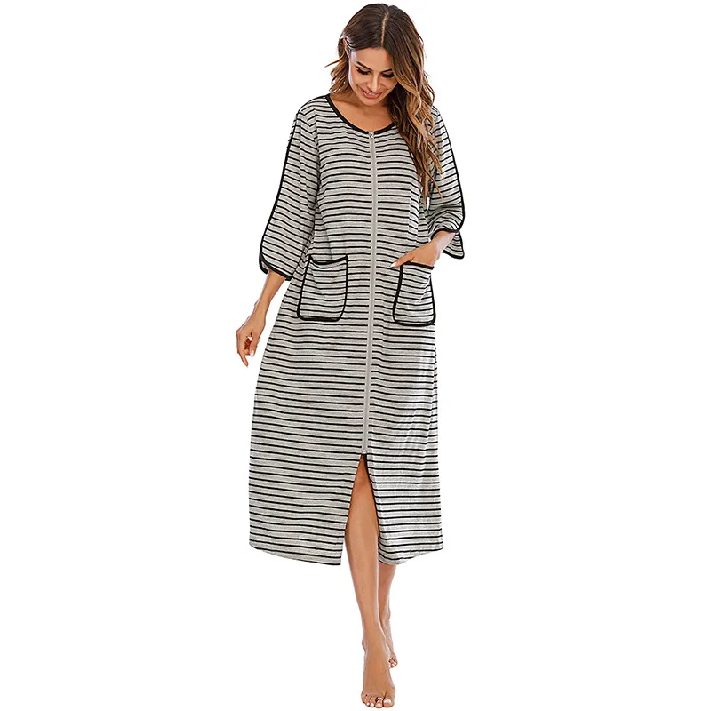2023 New Autumn Winter Loungewear Comfortable Casual Loose Pajamas Seven-point Sleeve Large Size Pajama Striped Women Nightgown