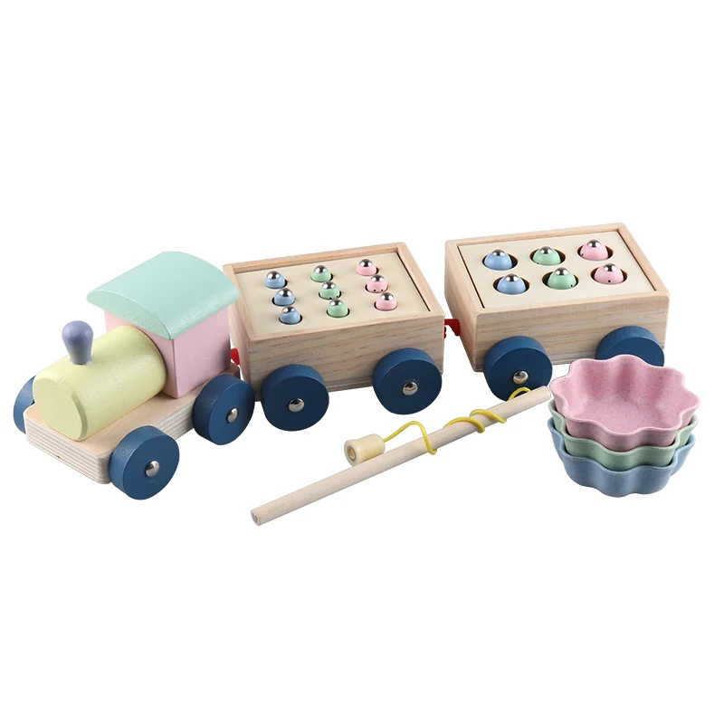 

Magnetic Catch Worms Wooden Train Blocks for Kids Fishing Game Board Montessori Educational Drag Toddler Toys Baby 36Month Gift