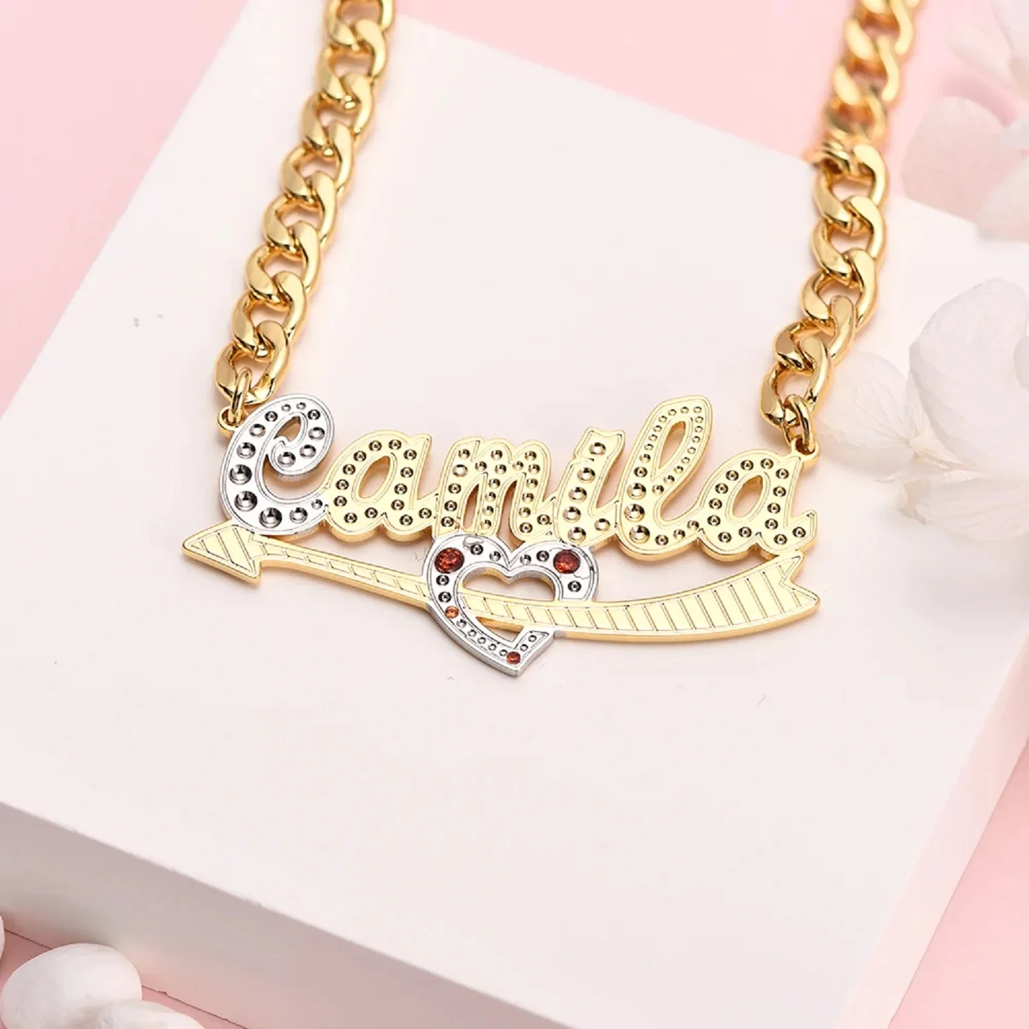 

18K Gold Plated Two Tone Custom Name Pendant With Heart Personalized Birthstone Name Necklace For Her Christmas Gift Women
