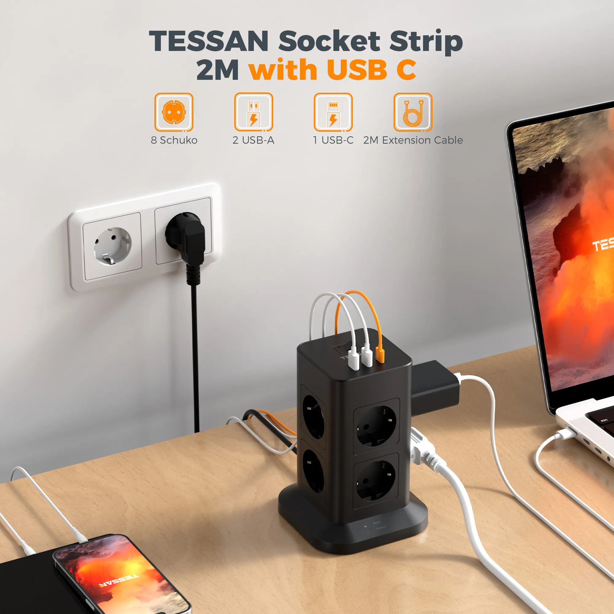 Удлинитель TESSAN с 8 розетками + 2 USB 1 вертикальной розеткой типа C и м удлинителем