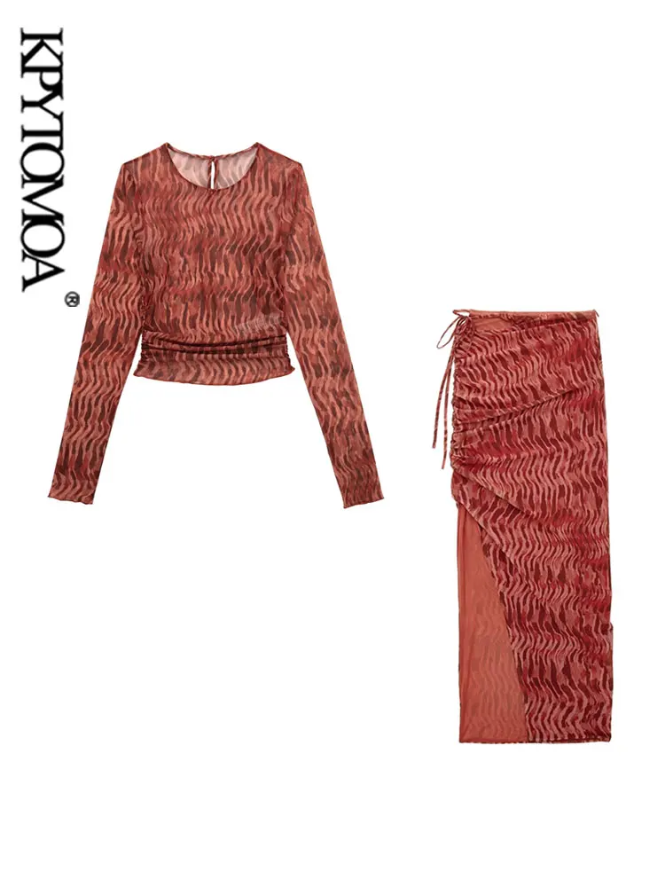 

KPYTOMOA Женская мода с рюшами принт укороченная Тюлевая блузка и высокая талия боковая молния миди юбка женские комплекты из двух частей Mujer