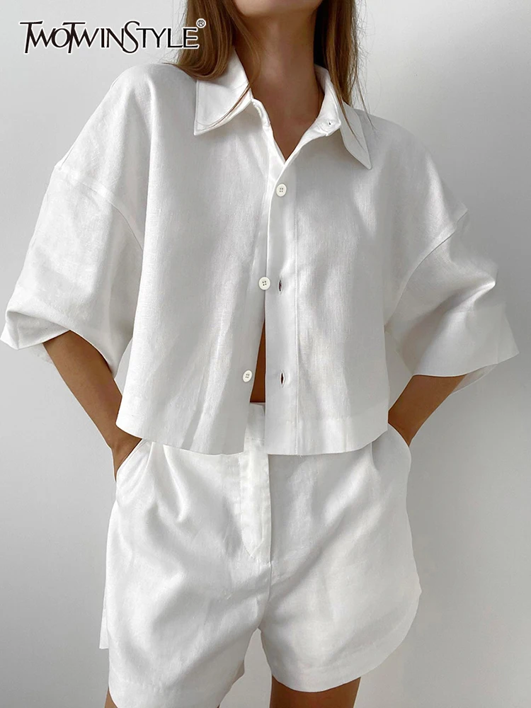 

TWOTWINSTYLE Solid Two Piece Sets For Women Lapel Short Sleeve Single Breasted Top High Waist Loose Shorts Fashion Set Female