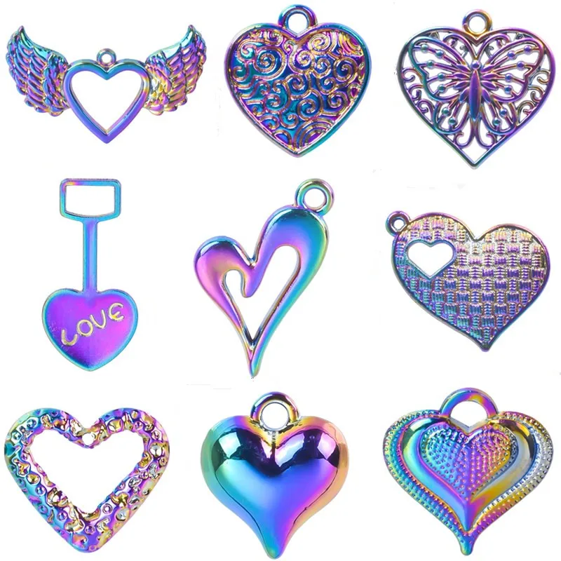 

5pcs Rainbow Hearts Charms For Jewelry Making Supplies Wing Heart Love Shovel Pendant Handmade Vintage Accessories For Women Men