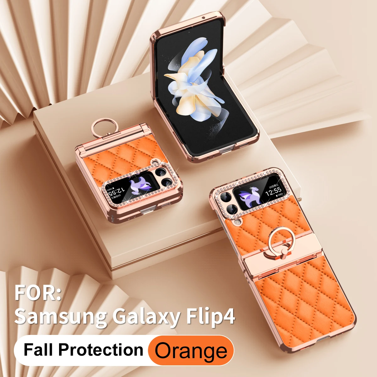 

Luxury PU Leather Hard PC Electroplated Frame Hinge Protection Shockproof Cover For Samsung Galaxy Z Flip 4 3 Case Ring Holder