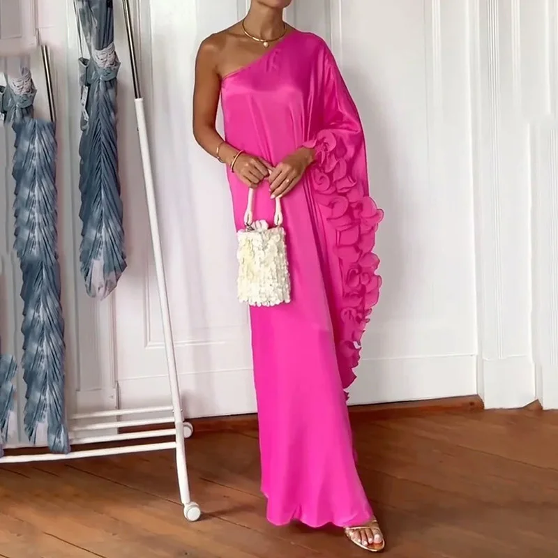 

Женское многослойное платье с рукавом «летучая мышь», длинное платье с косым воротником и открытыми плечами, блестящее платье, женское повседневное однотонное свободное платье