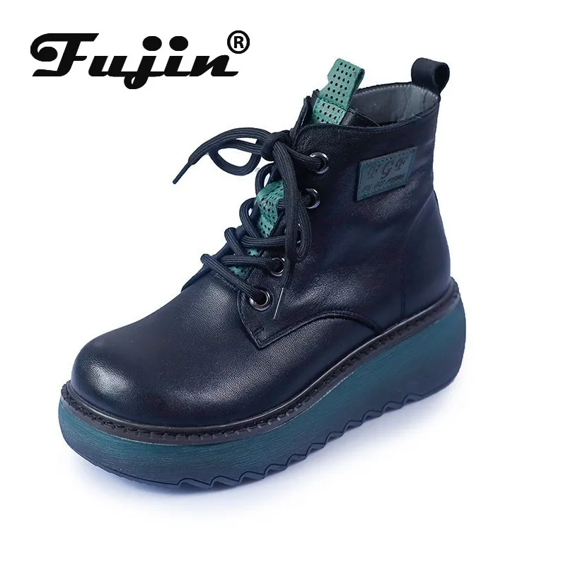 

Fujin/Этнические удобные туфли на плоской подошве 5 см с круглым носком; Осенняя обувь на платформе; Ботильоны; Весенние ботинки; Женские мокасины из натуральной кожи