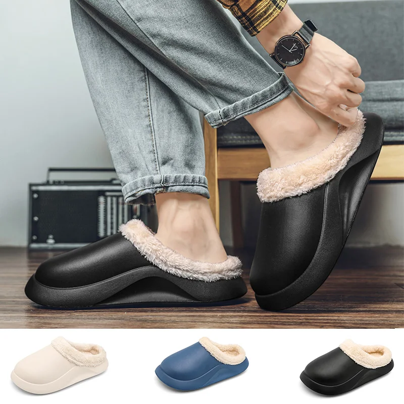 

Winter Men Slippers Short Plush Warm Indoor Platform House Slippers Artifical Leather EVA Home Cotton Shoes