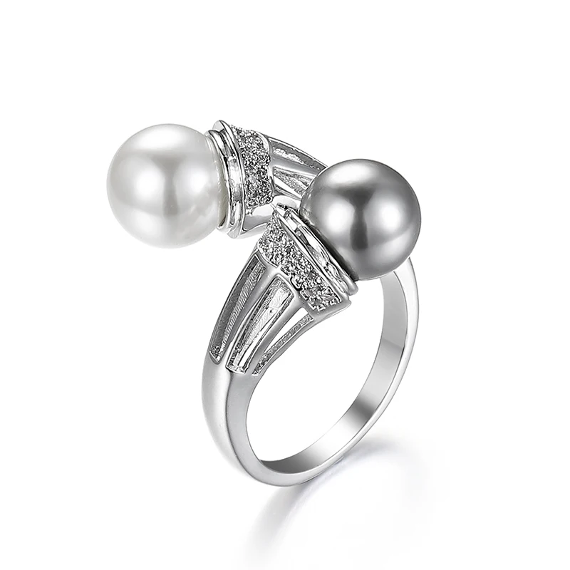 

Hot Sale Vintage New Elegant White and Grey Synethetic Pearls Cubic Zirconia Party Rings for Women