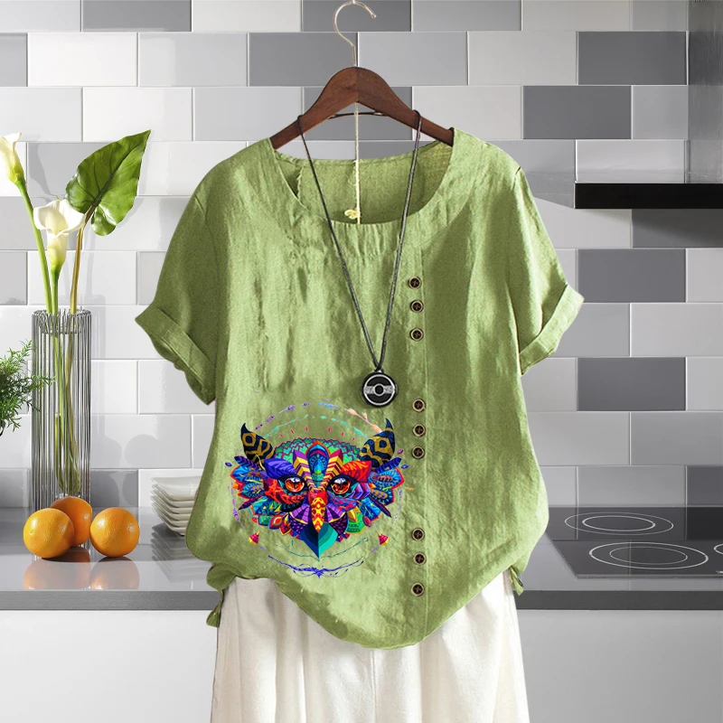 

2022 New Ladies Cotton Linen Blouse Colorful Printed Loose T-shirt Breathable Round Neck Solid Color Short Sleeve Top XS-5XL