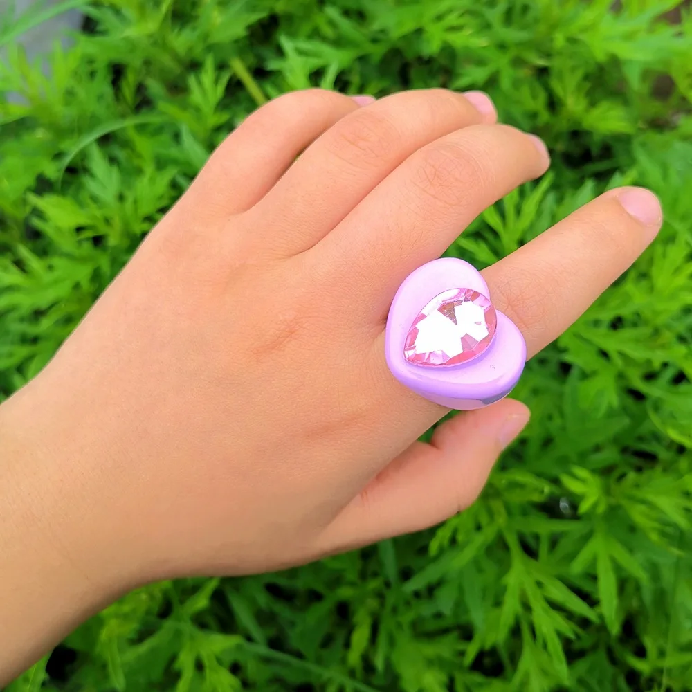 

Fashion Pink Heart Ring Geometric Shape Resin For Women Exaggerated Tide Acrylic Lovely Girl Ins Tide Jewelry Wholesale
