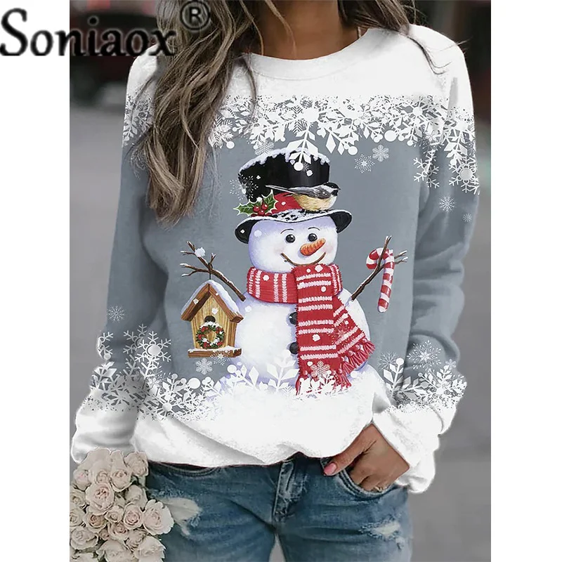 

2023 3D Effects Christmas Snowman Cartoon Print T-shirts Women Vintage O Neck Long Sleeves Loose Female Clothes Basic Lady Tops