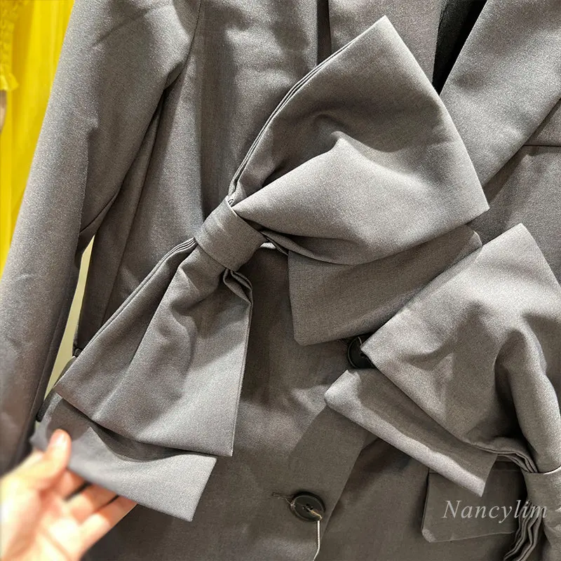 2023 Spring New Fashion Bow Grey Blazer for Women Elegant Professional Women Suit Jacket Ins Ladies Coat Outwears Long Coats