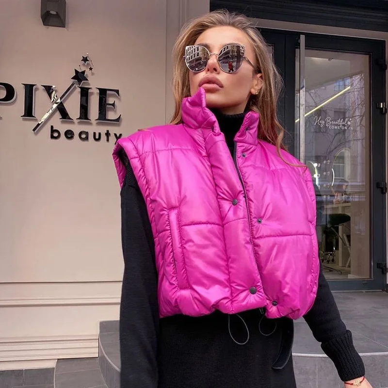 Two-wear Women's Short Down Down Cotton Thick Drawstring Waistcoat Jacket Parka Coat Zipper Winter Bubble Jacket Warm Streetwear