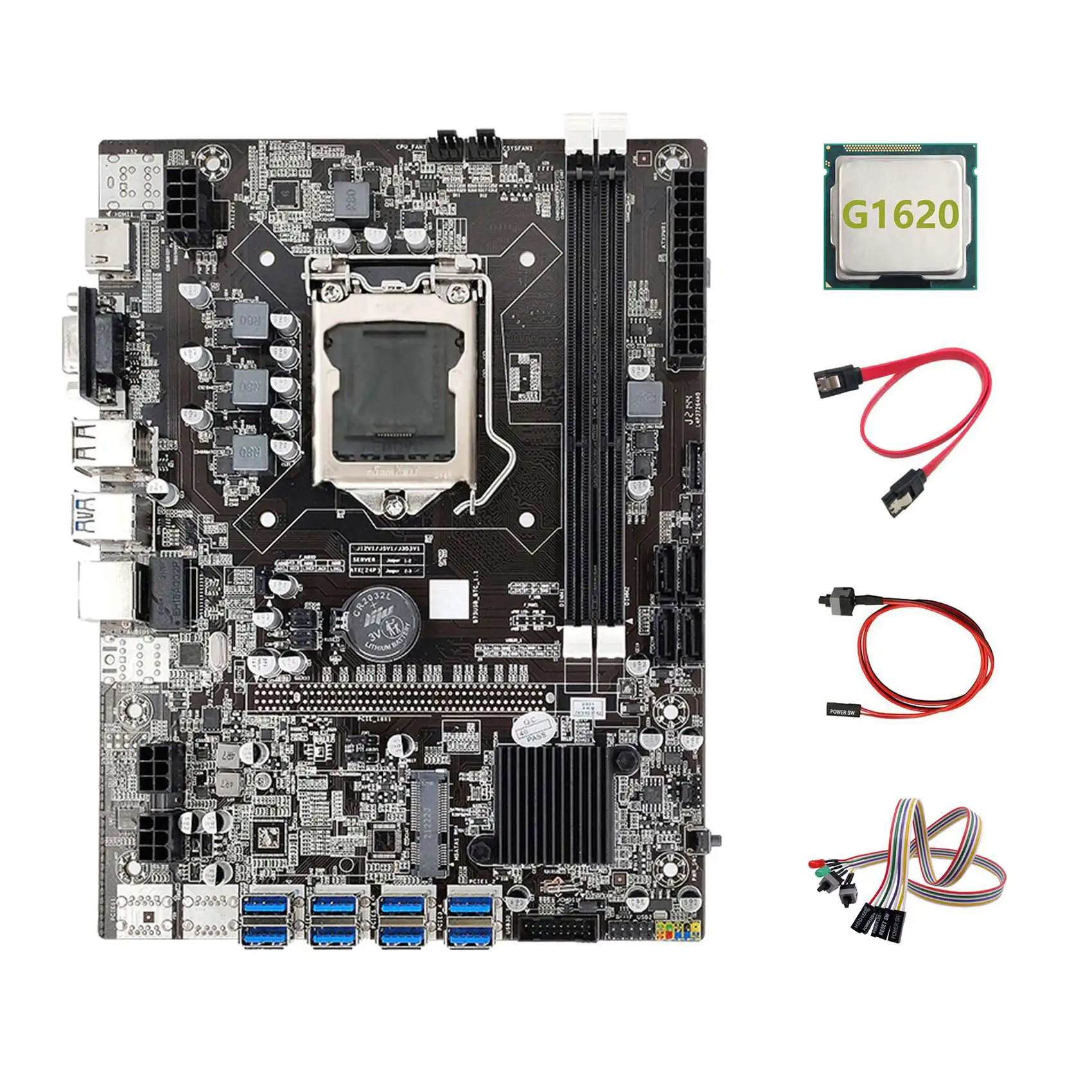 B75 BTC Mining Motherboard 8XUSB LGA1155 Motherboard with G1620 CPU+SATA Cable+Switch Cable+Switch Cable with Light