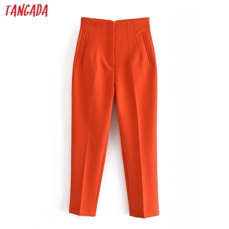 Tangada Fashion Women Orange Suit Pants Trousers High Waist Pockets Buttons Office Lady Pants Pantalon QN51