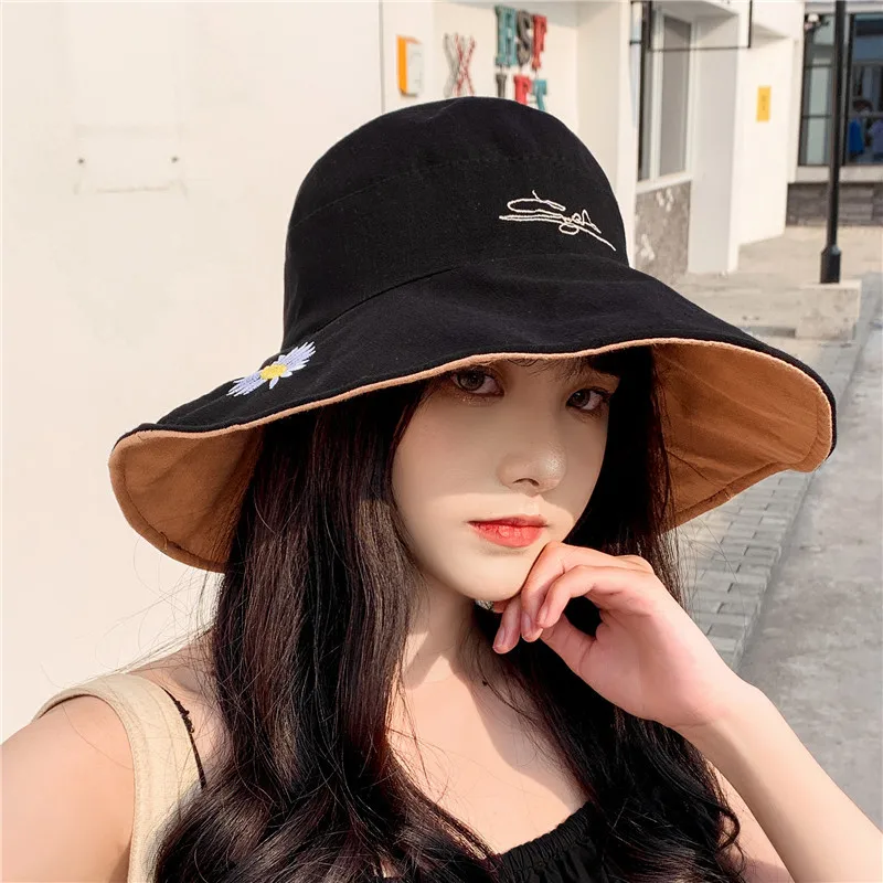 

Women's Wide Brim Daisy Bucket Hat Summer Double-sided Outdoor Panama Anti-UV Beach Sun Hats Reversible Cotton Fisherman Hat