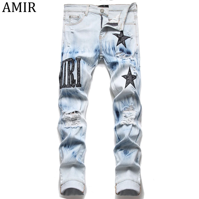 

Amir I Brand New Boyfriend Design Usa Jeans for Men Blue Men's Jeans Hole Skinny Elastic Slim-fit Pencil Pants MenPants Jeans