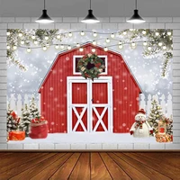 Winter Christmas Red Barn Door Photography Backdrop Merry Xmas Tree Snowflaxe Snoman Rustic Farm Wooden Wall Background