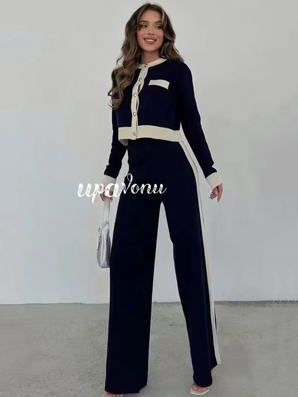 Повседневный женский комплект трикотажных брюк с длинными рукавами однобортный