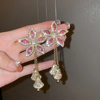 gold color flower crystal dangle earrings for women bijoux long tassel bells pendant earrings party statement jewelry