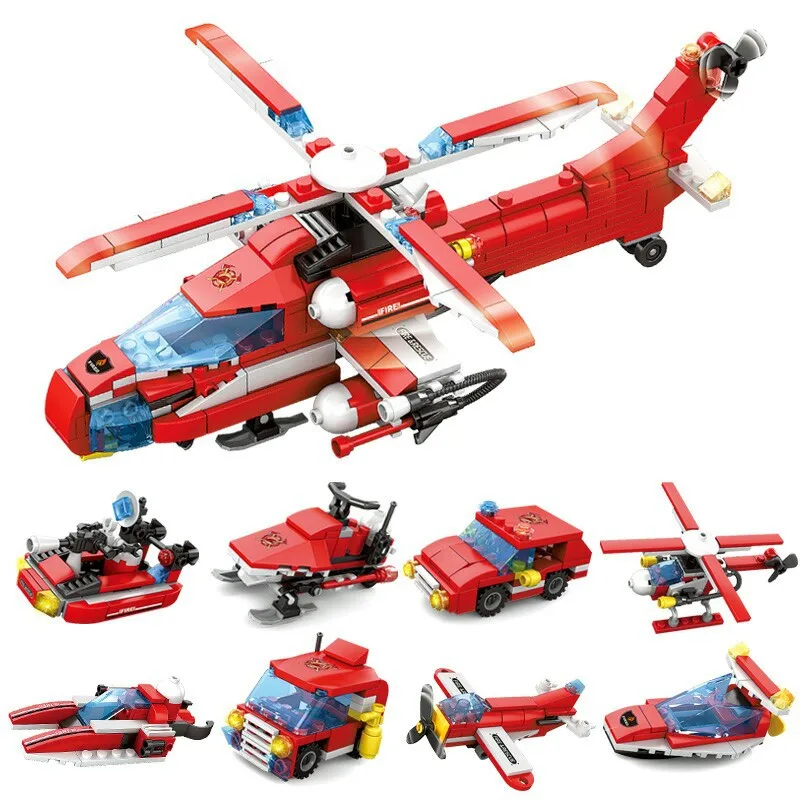 

349PCS 8in1 Urban Fire Truck Firefighter Helicopter Building Blocks City Rescue Constructor Bricks Hobbies Educational Kids Toys