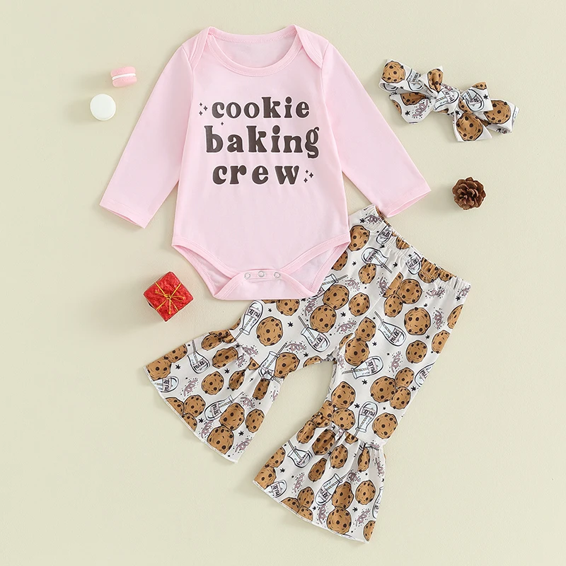 

Infant Baby Girl Christmas Outfits Letter Print Long Sleeve Romper Cookies Flare Pants Bow Headband Toddler Clothes