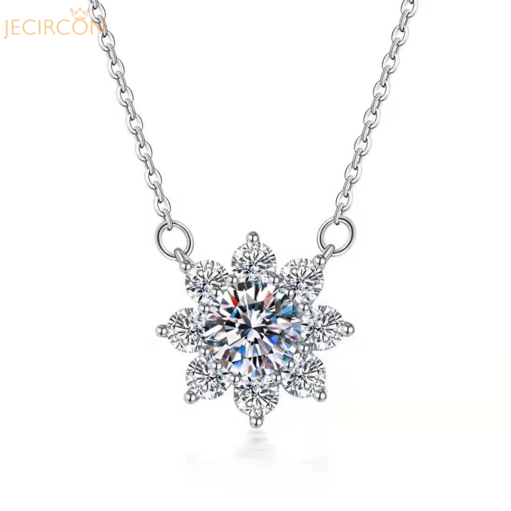 

JECIRCON 1ct Moissanite Necklace for Women Shiny Sunflower Snowflake Pendant 925 Sterling Silver Clavicle Chain18K White Gold