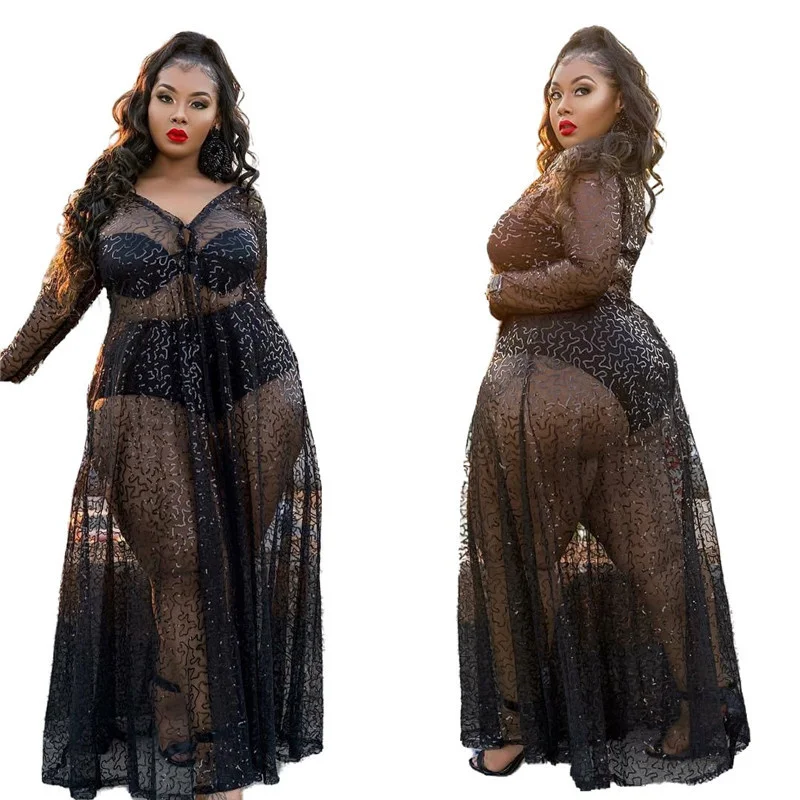 

Plus Size 2021 Black Dress Summer Wholesale Dropshipping Leopard Print Inside and Sexy Mesh Full Length Party Dresses for Women