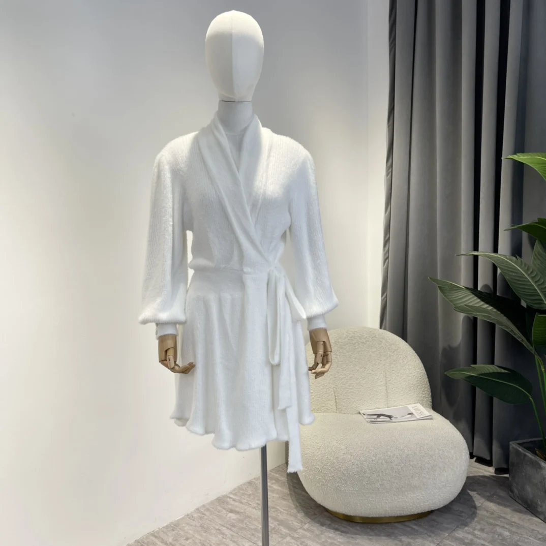 

New Arrival 2022 High Quality Solid White Red Black Brown Soft Warm Mini Self Tie Wrap Dresses for Women