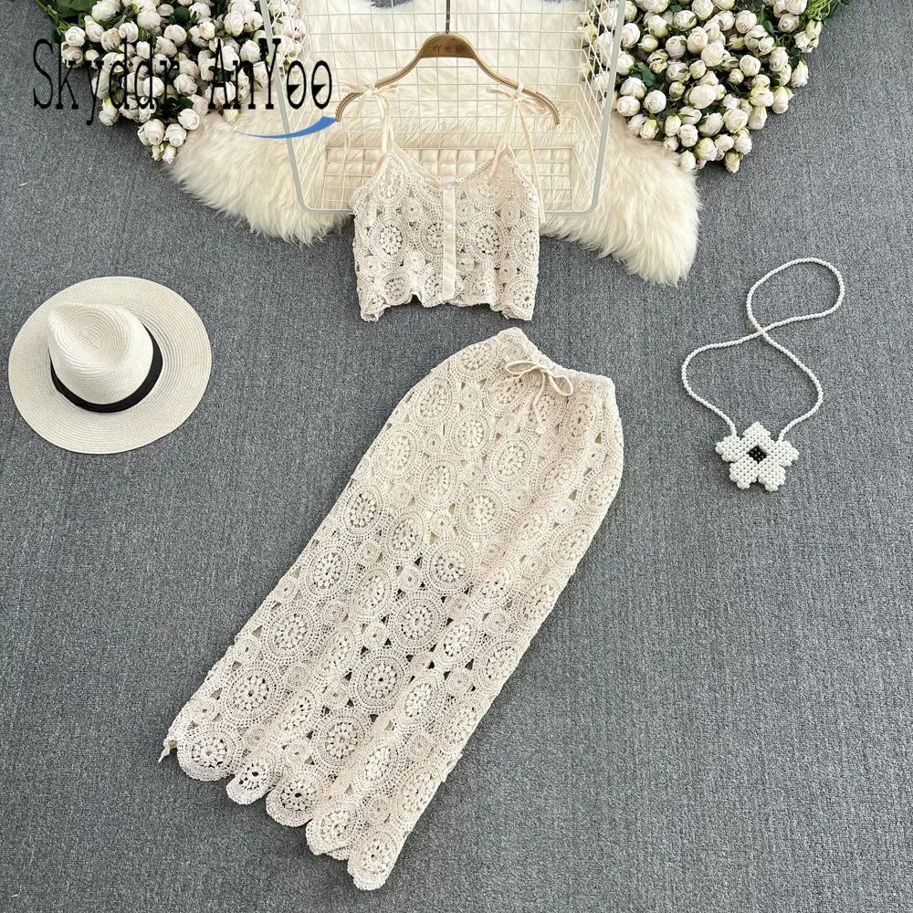 

Женский винтажный комплект из 2 предметов с юбкой и топом с вырезами и длинной юбкой средней длины с высокой талией