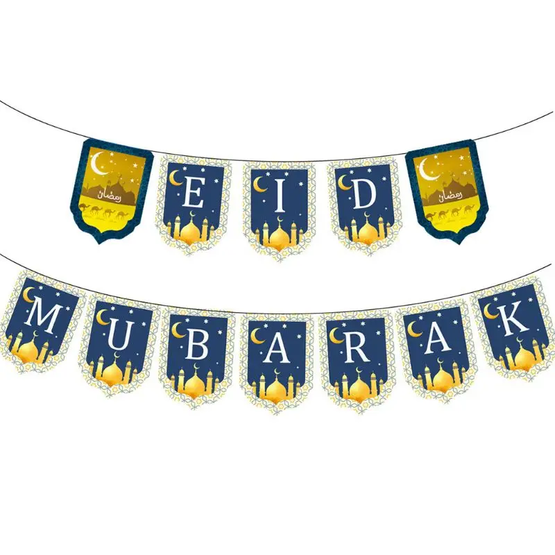 

1 Set Eid Mubarak Banner Ramadan Bunting with Moon Stars Castle Elements New Year Islamic Muslim Party Decor Supply