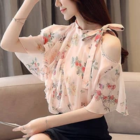 fashion off shoulder printed drawstring butterfly sleeve chiffon shirt short sleeve commute womens clothing tops sweet blouse