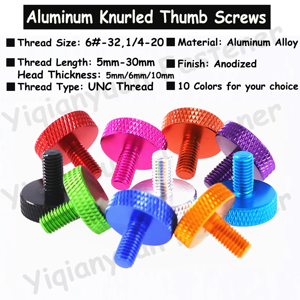 

5Pcs/10Pcs UNC 6#-32 1/4-20 Colourful Aluminum Hatching Knurled Thumb Screw GB835 Flat Head Hand Tighten Thumb Screws