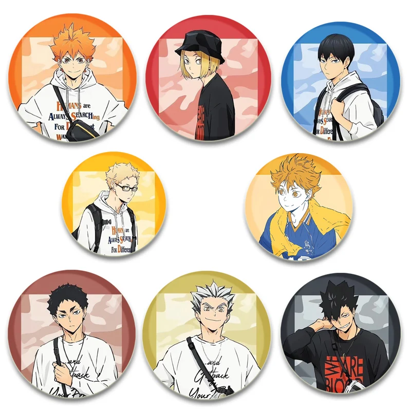 Фото Аниме Haikyuu! Броши Shoyo Hinata/Tobio Kageyama/Daichi Sawamura/sugawara Koushi мультяшный значок круглые булавки для подарка аксессуар №1
