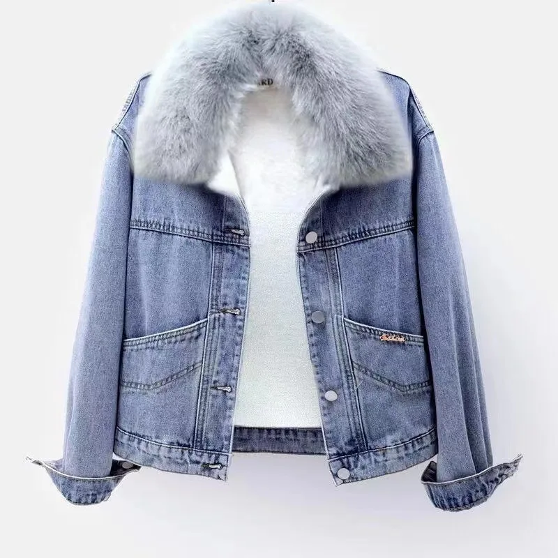 2022 Winter Denim Jacket Women Fashion Fur Collar Warm Fleece Velvet Lining Denim Coats Bomber Jacket Female Blue Chaqueta Mujer