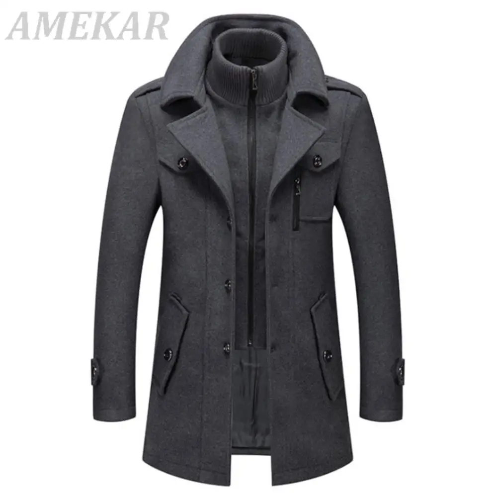 New Men Wool Blends Coats Autumn Winter Solid Color Cold Resistant Men Woolen Overcoat Double Collar Casual Trench Coat Male