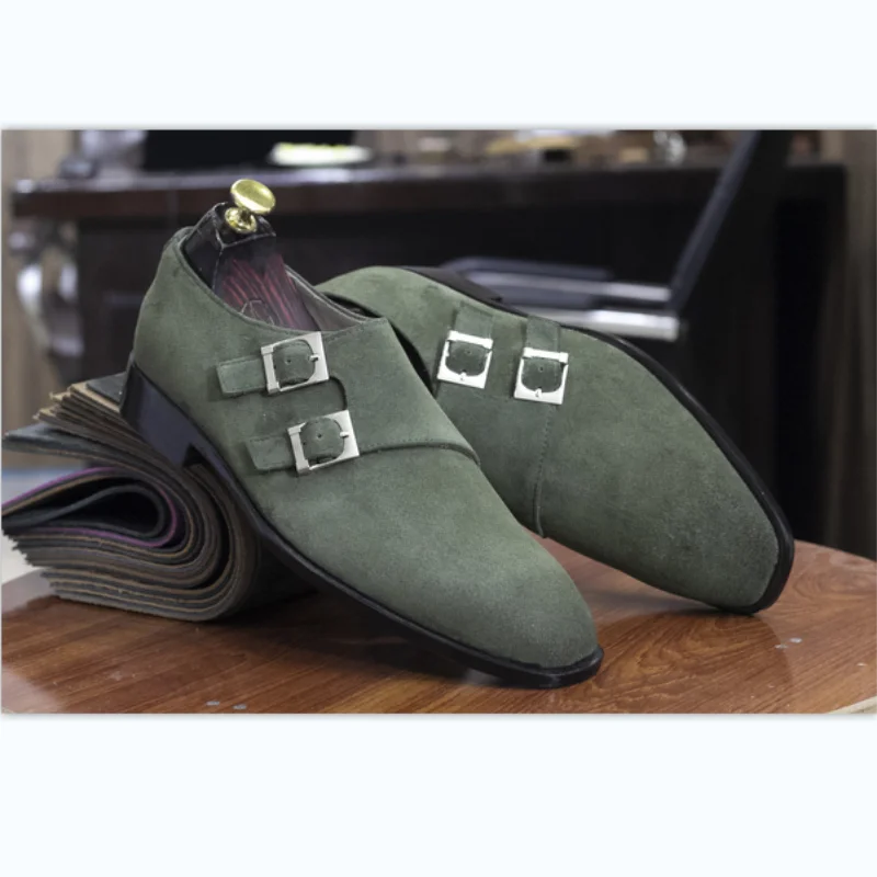 

Monk Shoes Men Shoes Faux Suede Ankle Army Green Classic Casual Business Banquet Oblique Double Buckle Fashion Dress Shoes KB616