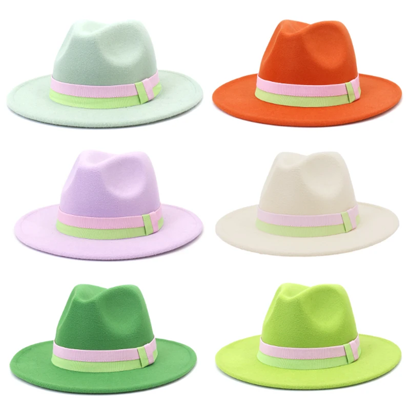 

2023 Unisex Ribbon Felt Fedora Hat Woolen Jazz Top Felt Caps Fedora New Autumn Winter Hat Large Brimmed Hats Sombrero Hombre