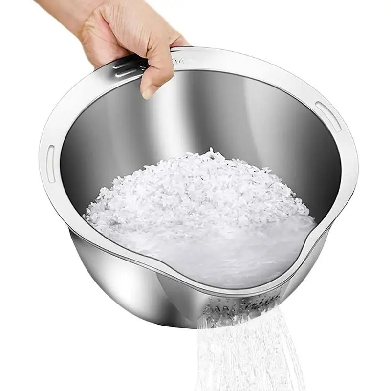 

Rice Strainer Bowl 304 Stainless Thicken Vegetable Strainer Inclined Mouth Large Rice Cleaner For Easy Rice Rinsing Kitchen