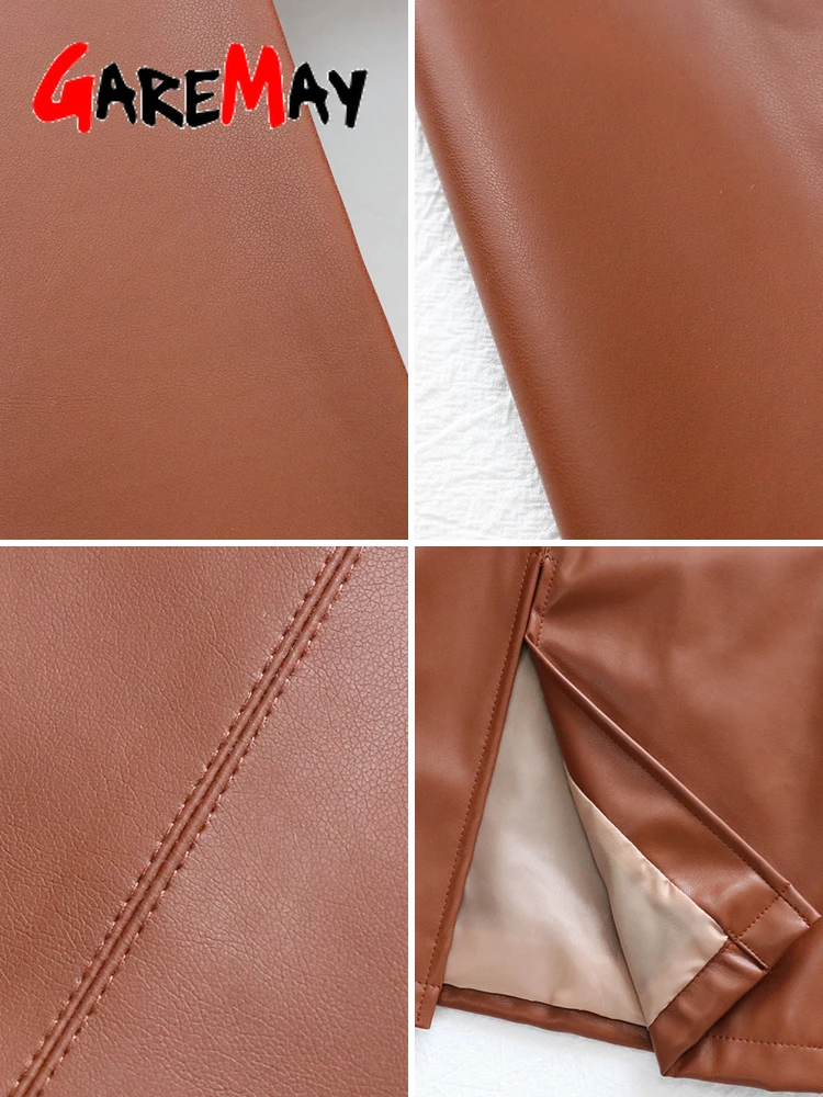 Autumn Winter Women's Leather Skirt with Side Slit A-line Vintage Long Midi High Waist Pu Faux Pencil | Женская одежда