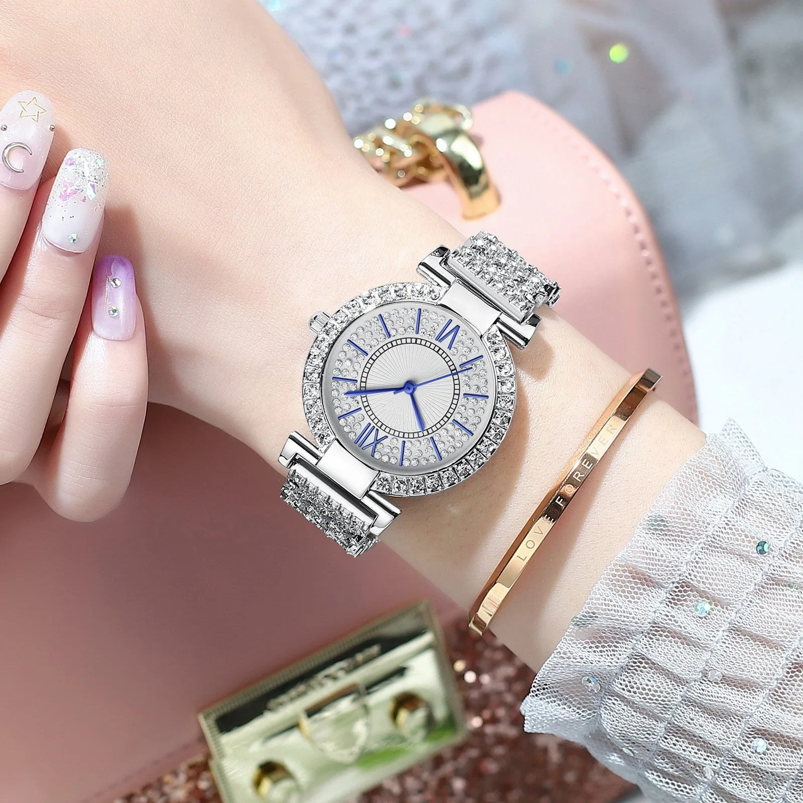 

Women's Quartz Watch Inlaid With Rhinestone Steel Band Chain Watch Fashion Business Casual Quartz Watch reloj mujer