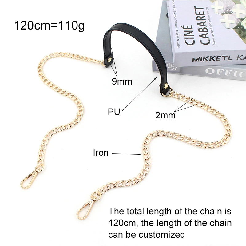 120cm Handbag Metal Chain PU Leather Bag Strap DIY Replacement Bag Chain For Purse Shoulder Bag Handles Handbag Accessories