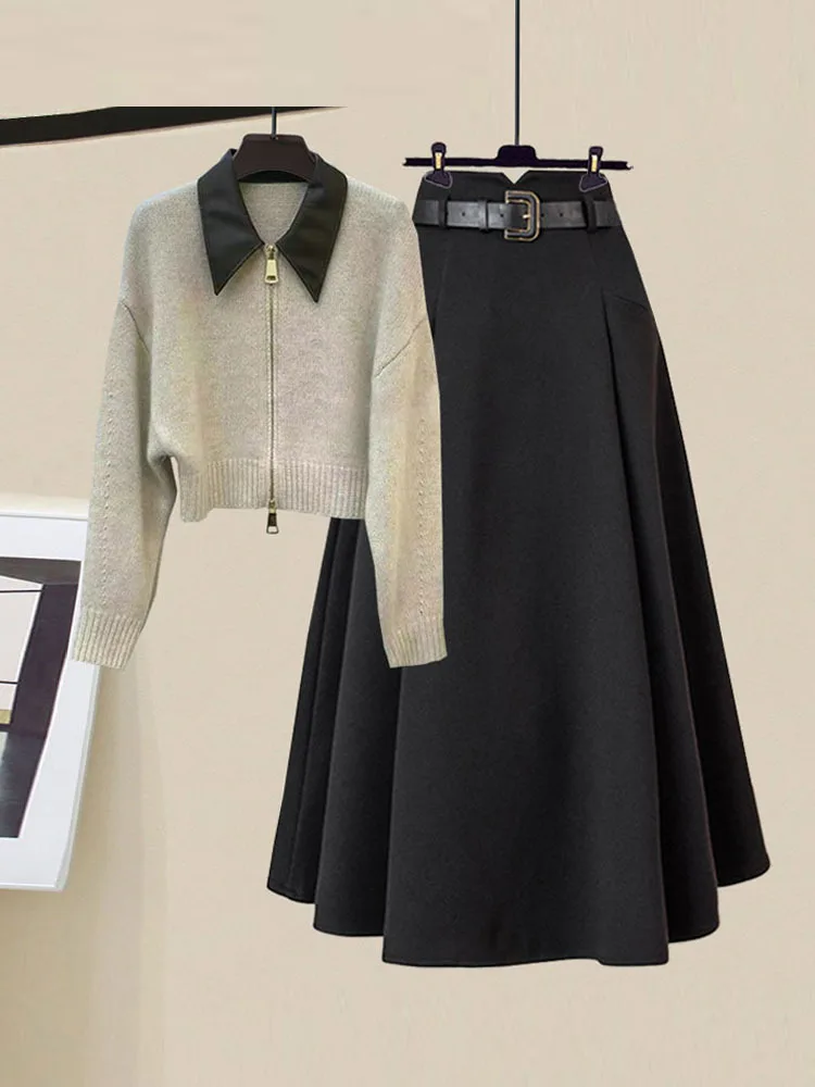 

Fall Winter Fragrance Two Piece Sets For Womens Outfits Korean Polo Collar Knitted Zipper Cardigans+high Waist Woolen Skirt Sets