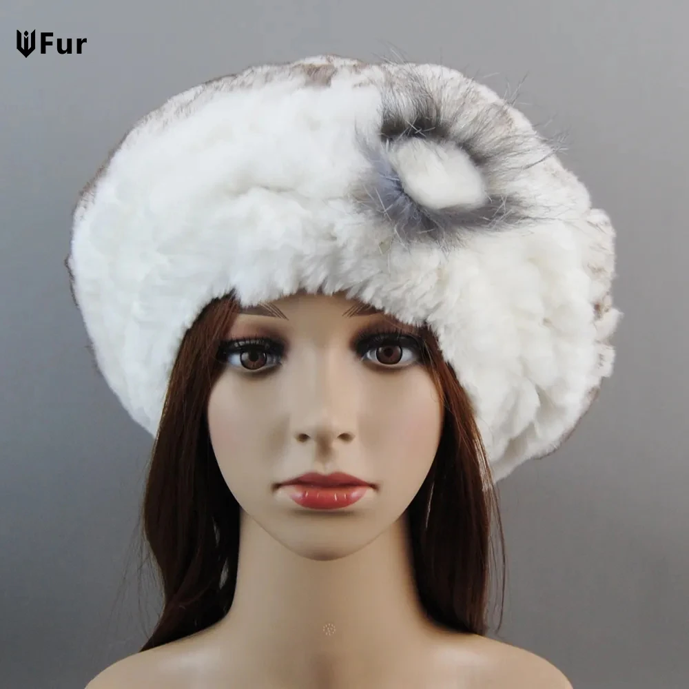 Новый стиль женские береты вязаные шапки из натурального меха кролика рекс