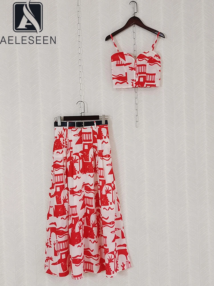 

AELESEEN, подиумный Модный женский летний комплект, эластичный укороченный топ на бретельках с v-образным вырезом + длинная юбка, красный праздничный комплект из 2 предметов с принтом