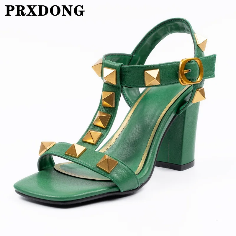 

Женские босоножки из натуральной кожи, черные или зеленые вечерние босоножки на высоком каблуке с заклепками и Т-образным ремешком, большие...