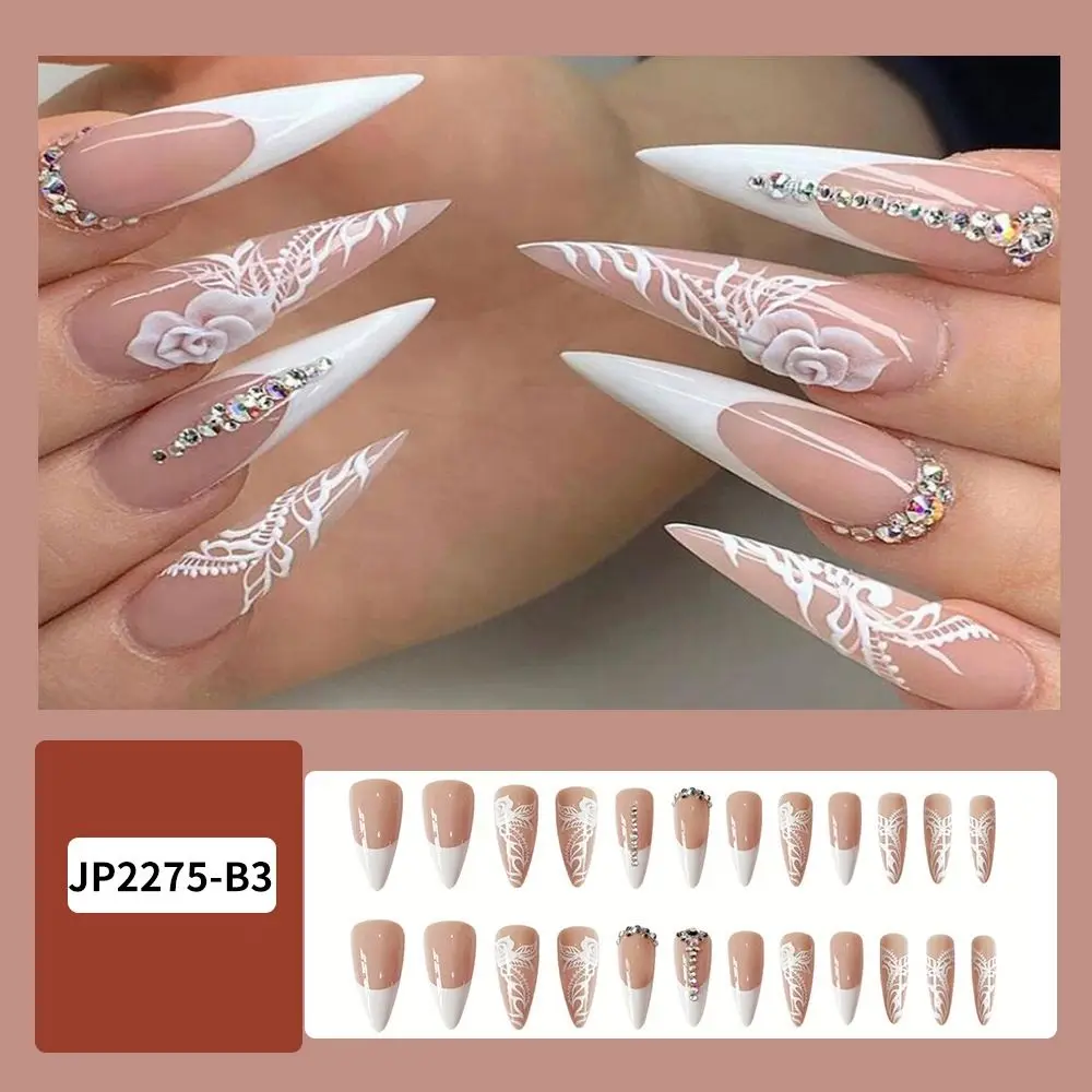 

24pcs/Box Stiletto Full Cover Manicure Tool Artificial Nail Tips Wearable Fake Nails Almond French False Nails