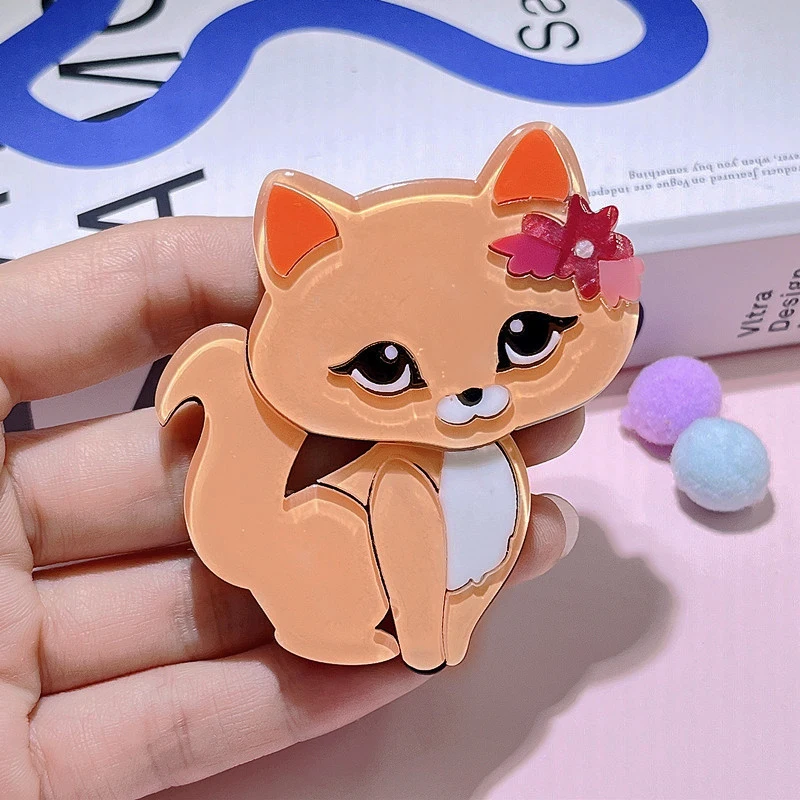 

Exquisite Wearing Flowers On The Head Cat Acrylic Brooches For Women Korea Cute Handmade Cartoon Animal Pins Badge Jewelry Gift