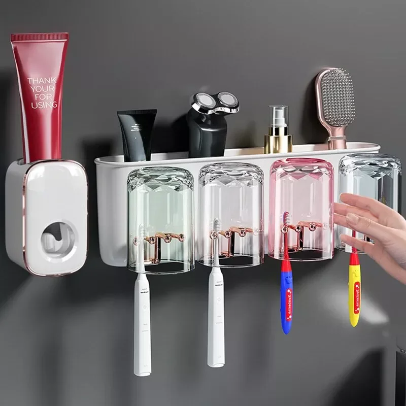 

2022New Holder Wall-Mounted Home Toothbrush Cup Storage Rack Toothpaste Dispenser Squeezer Storage Rack Bathroom Accessories